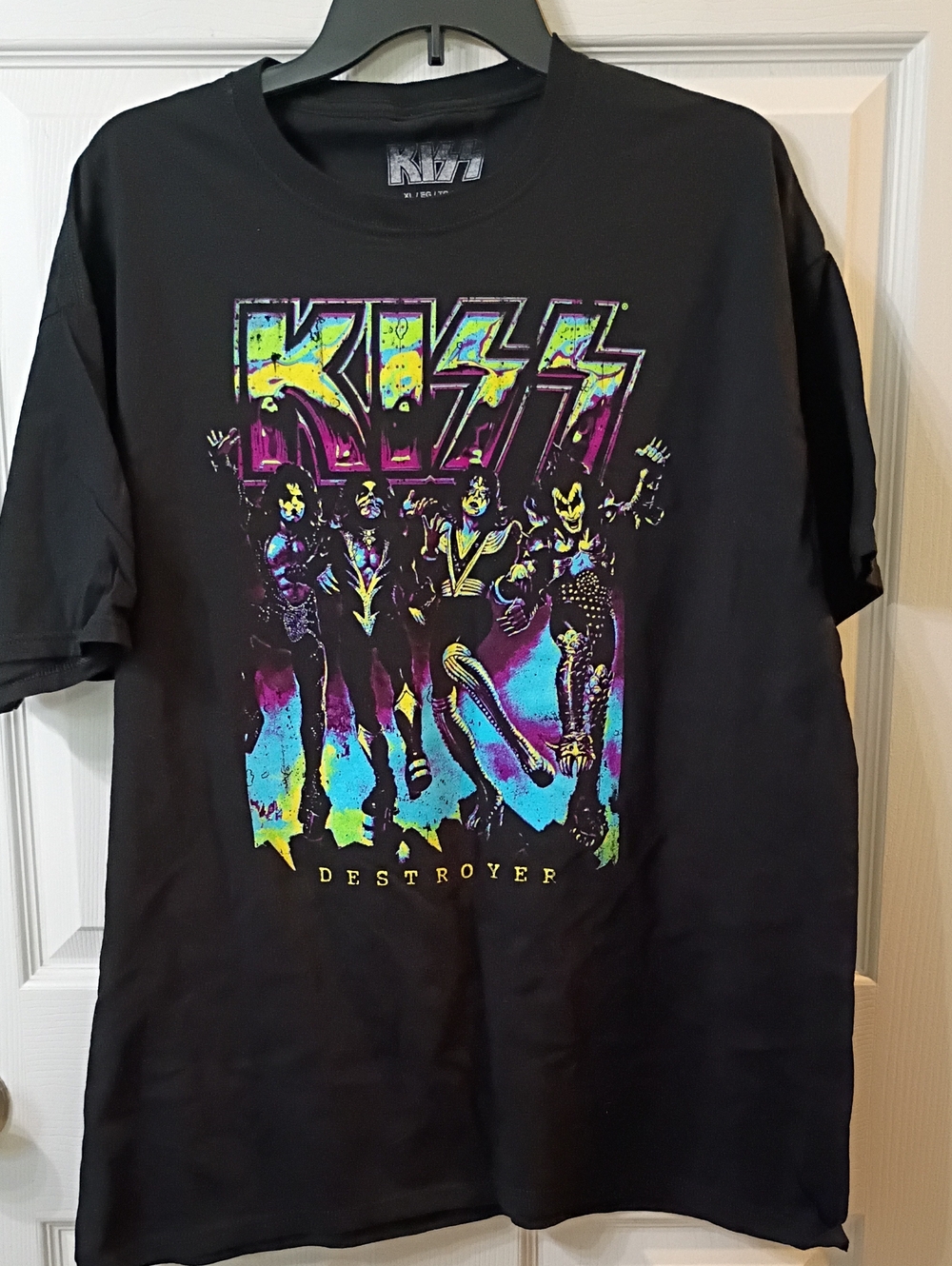 Kiss Black Tee with Neon Multicolor Destroyer Graphic